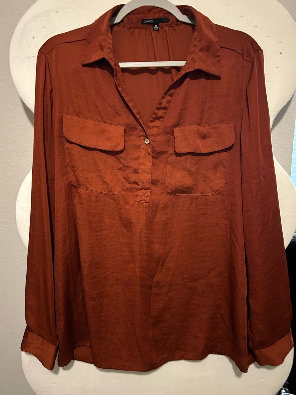 Chaus Womens Burnt Orange Button-Front Casual Shirt